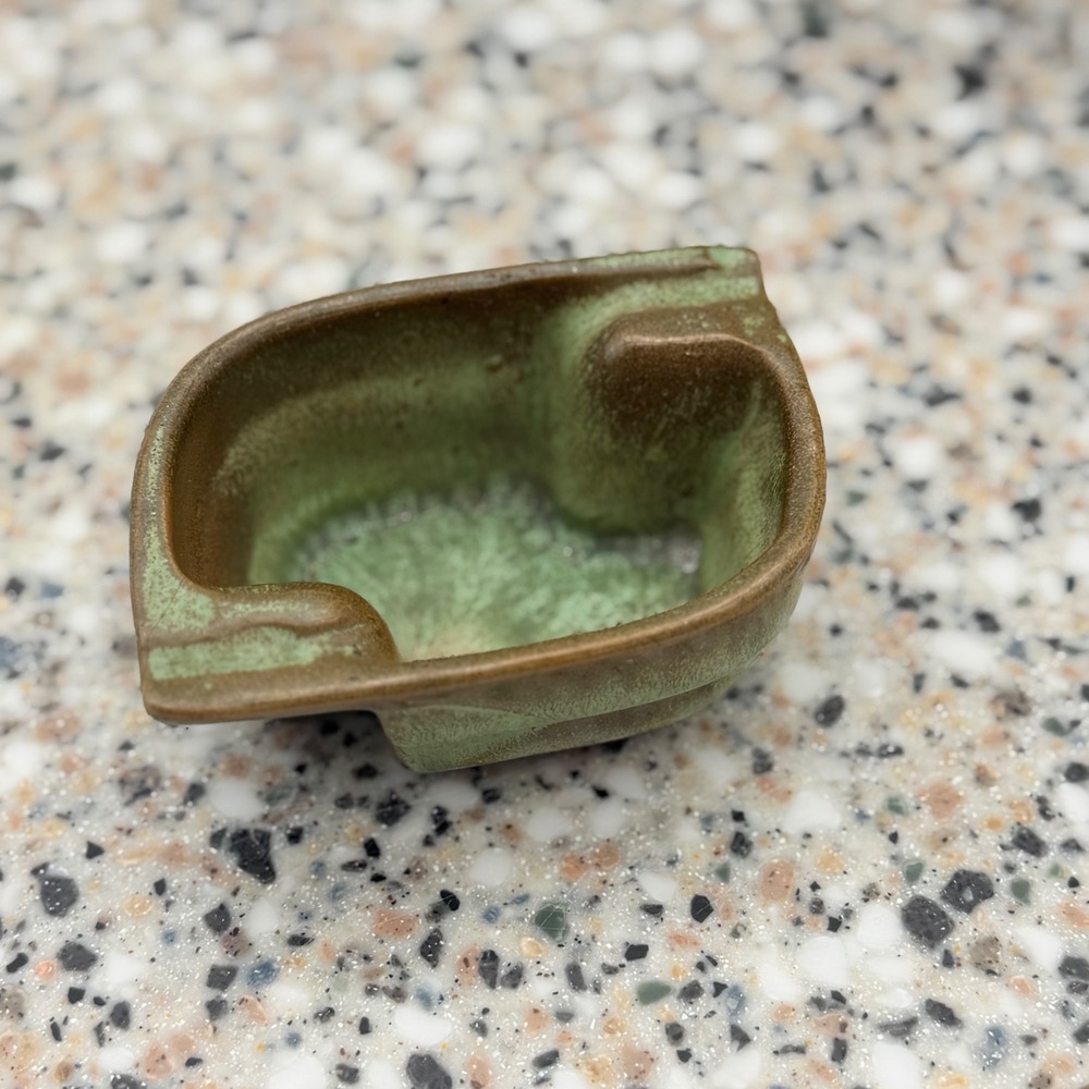 1950s Frankoma Prairie Green Brown Small Art Deco Ceramic Ashtray #456 Oklahoma